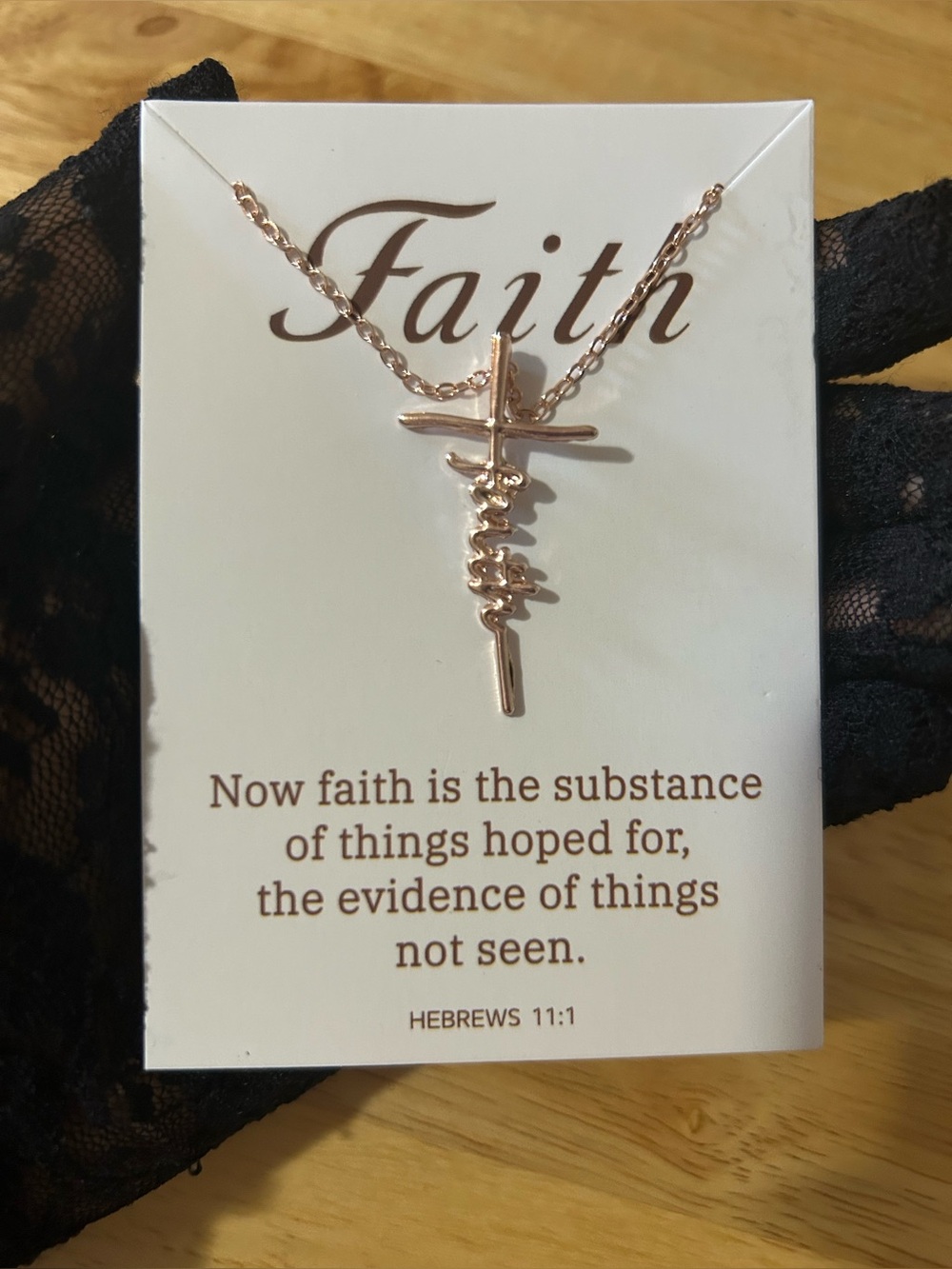 NWOT Rose Gold Faith Cross Script Necklace Hebrews 11 1 Scripture Card Set